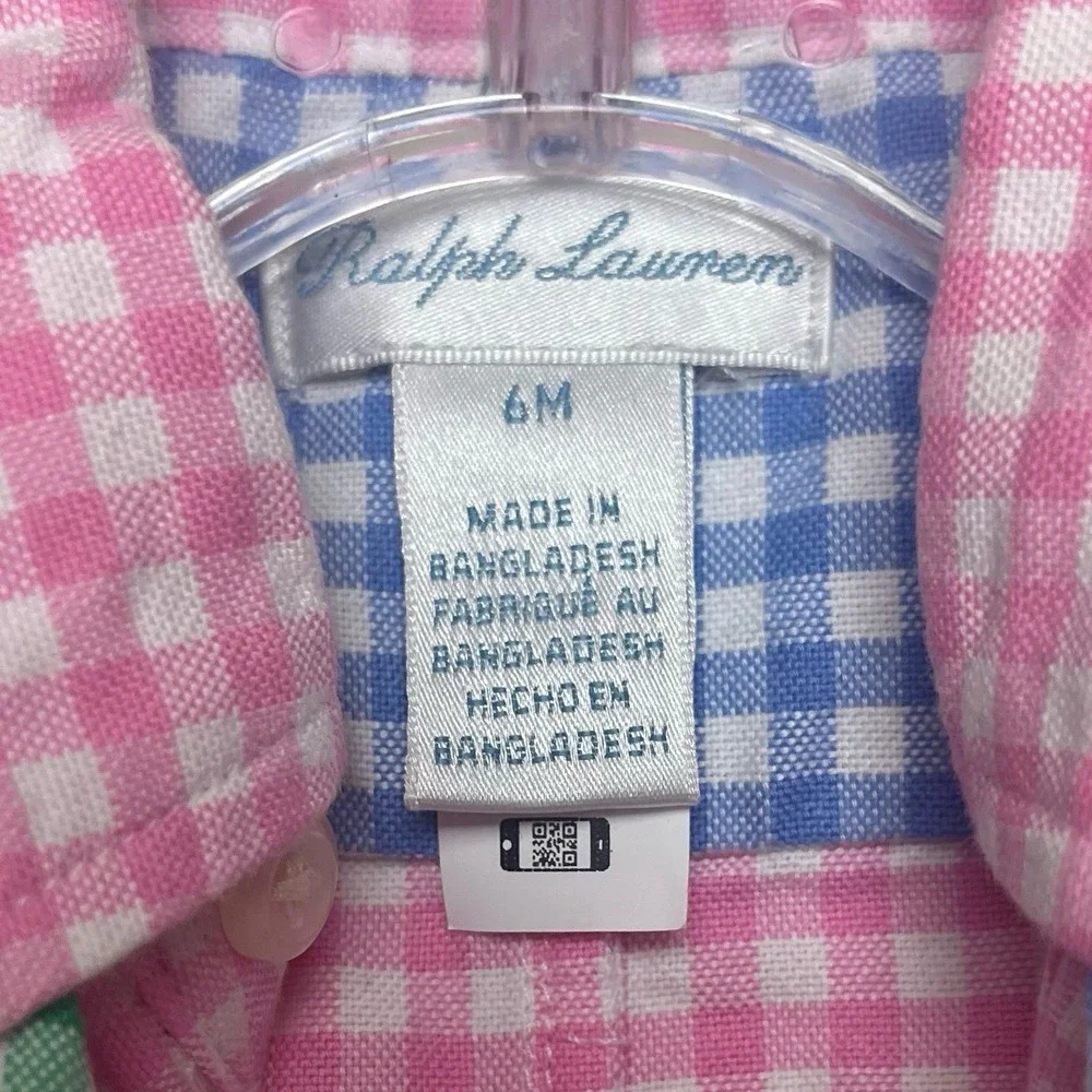 Ralph Lauren Polo Baby Gingham Cotton Oxford Fun Romper EUC Blue Green Pink 6M‎